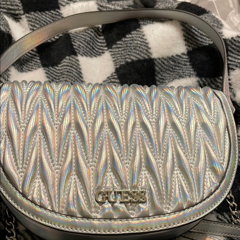 Guess Silver Crossbody Bag with Chevron Pattern